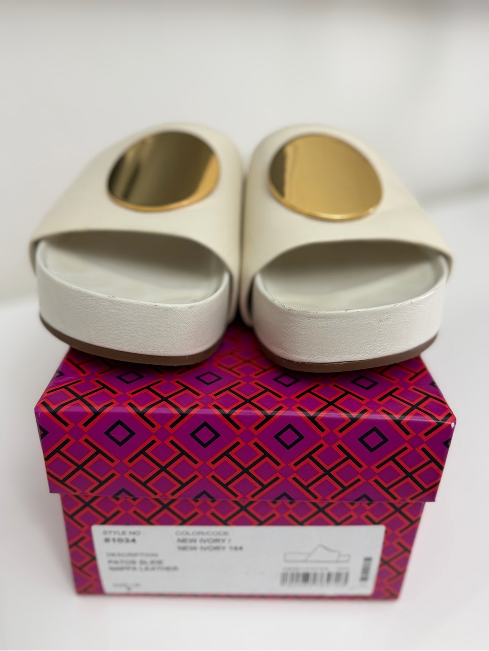 Tory Burch Cream Slide Sandals with Gold Disc